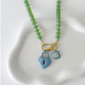 18" Beaded Carabiner Green and Blue Necklace Heart Lock Necklace/Beaded Charm